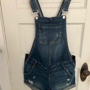Indigo blue maternity short overalls.